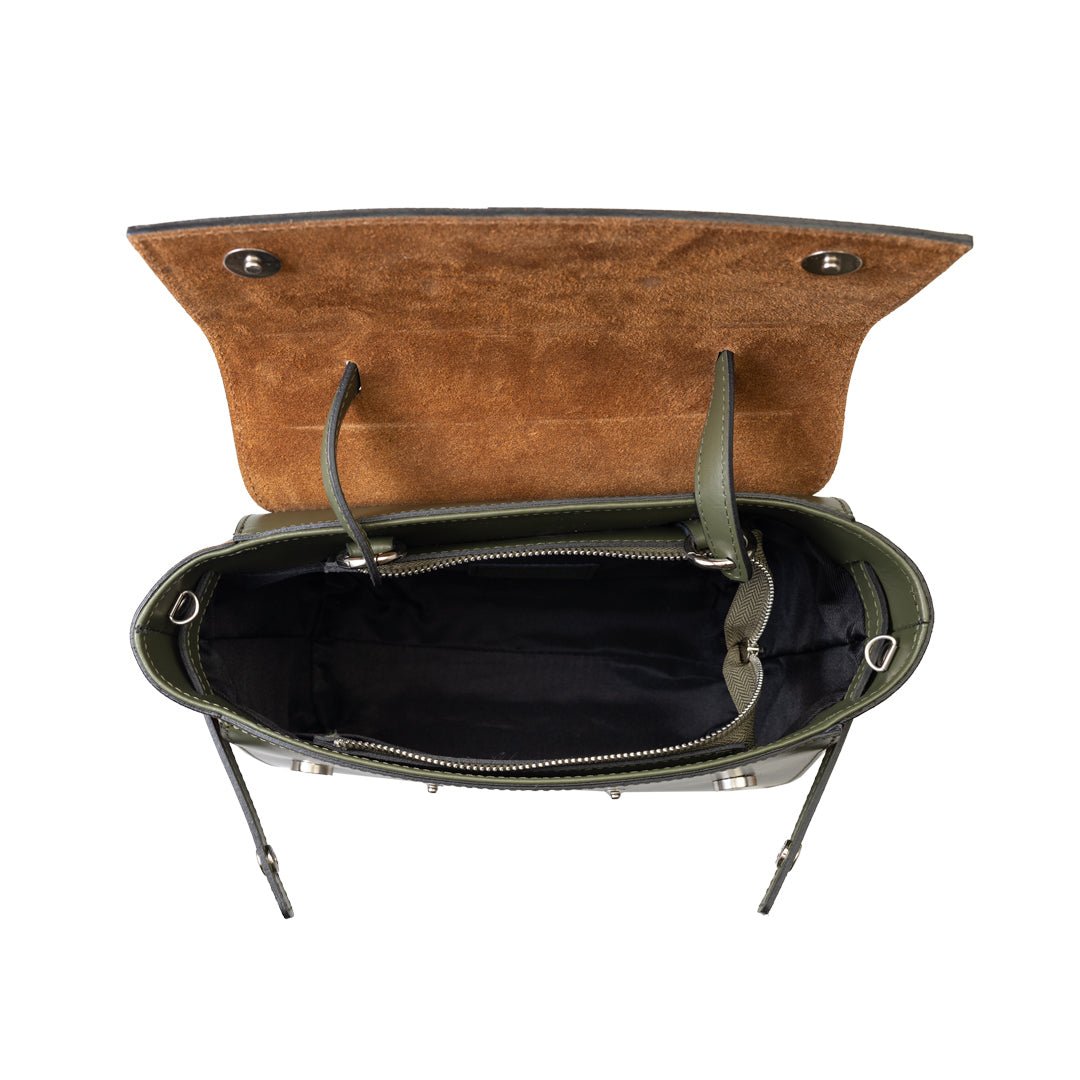 Sac à main en cuir véritable marron-vert armée Erika