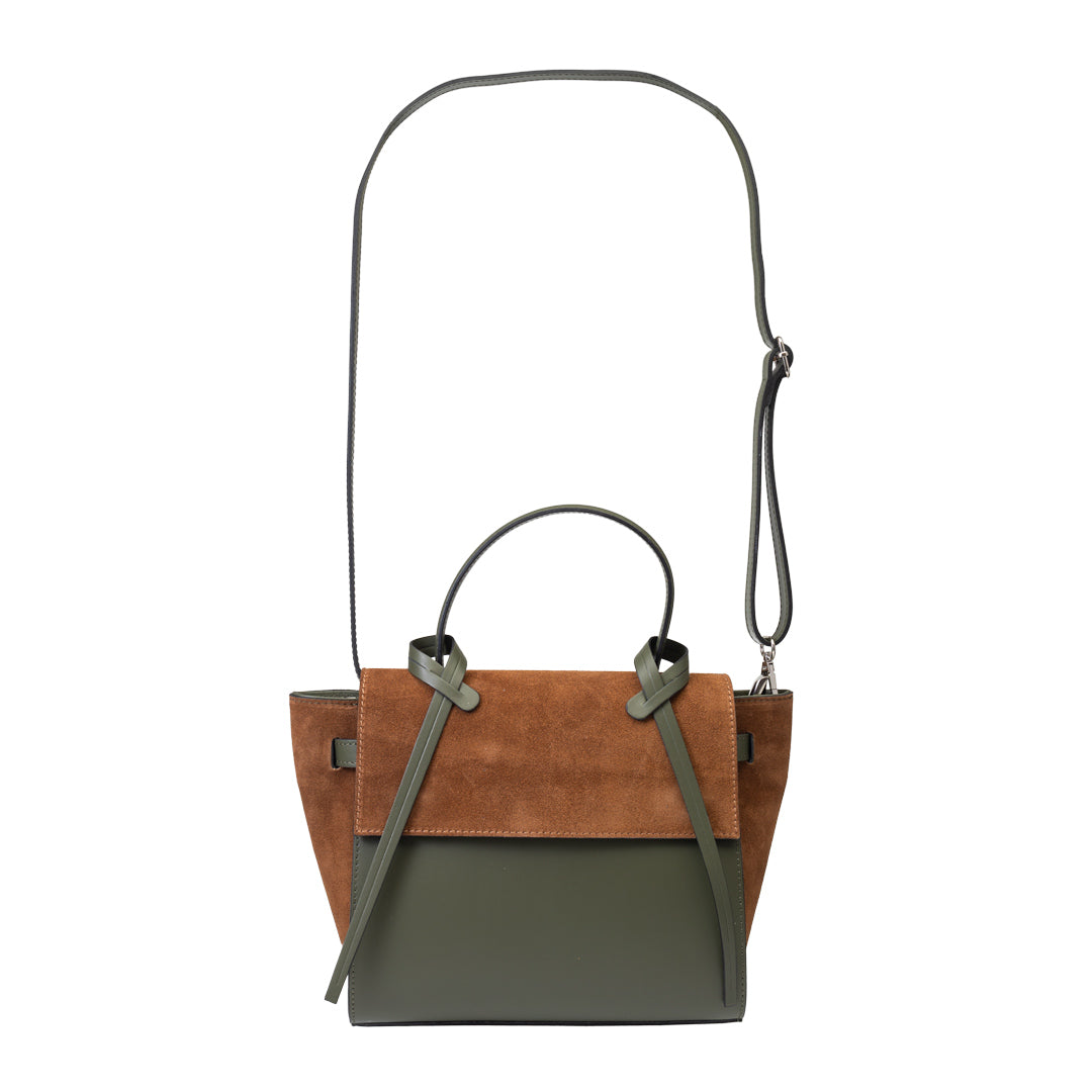 Sac à main en cuir véritable marron-vert armée Erika