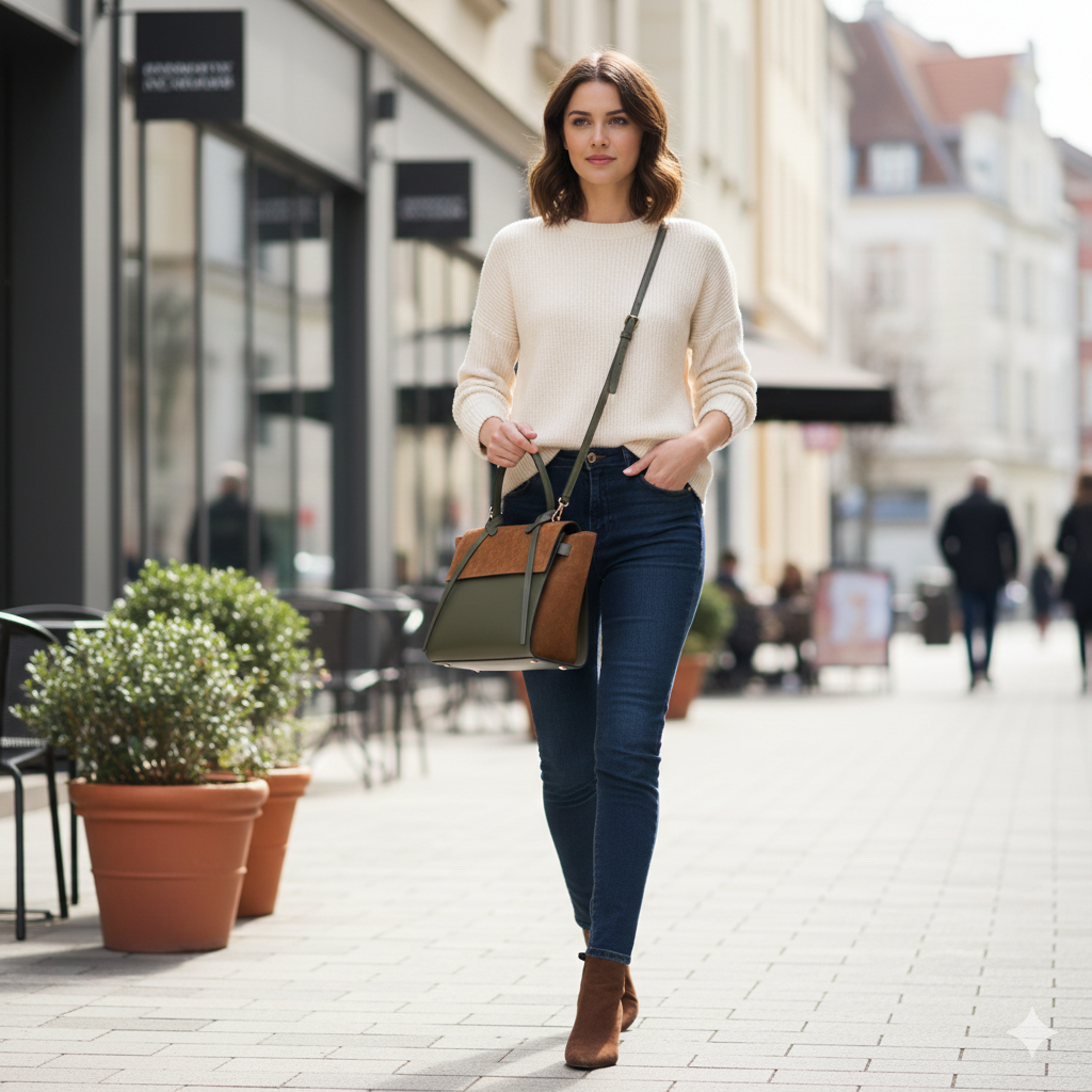 Sac à main en cuir véritable marron-vert armée Erika