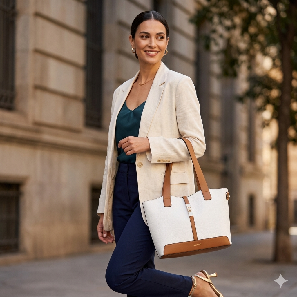 Damenhandtasche aus braun-weißem Echtleder Sorina