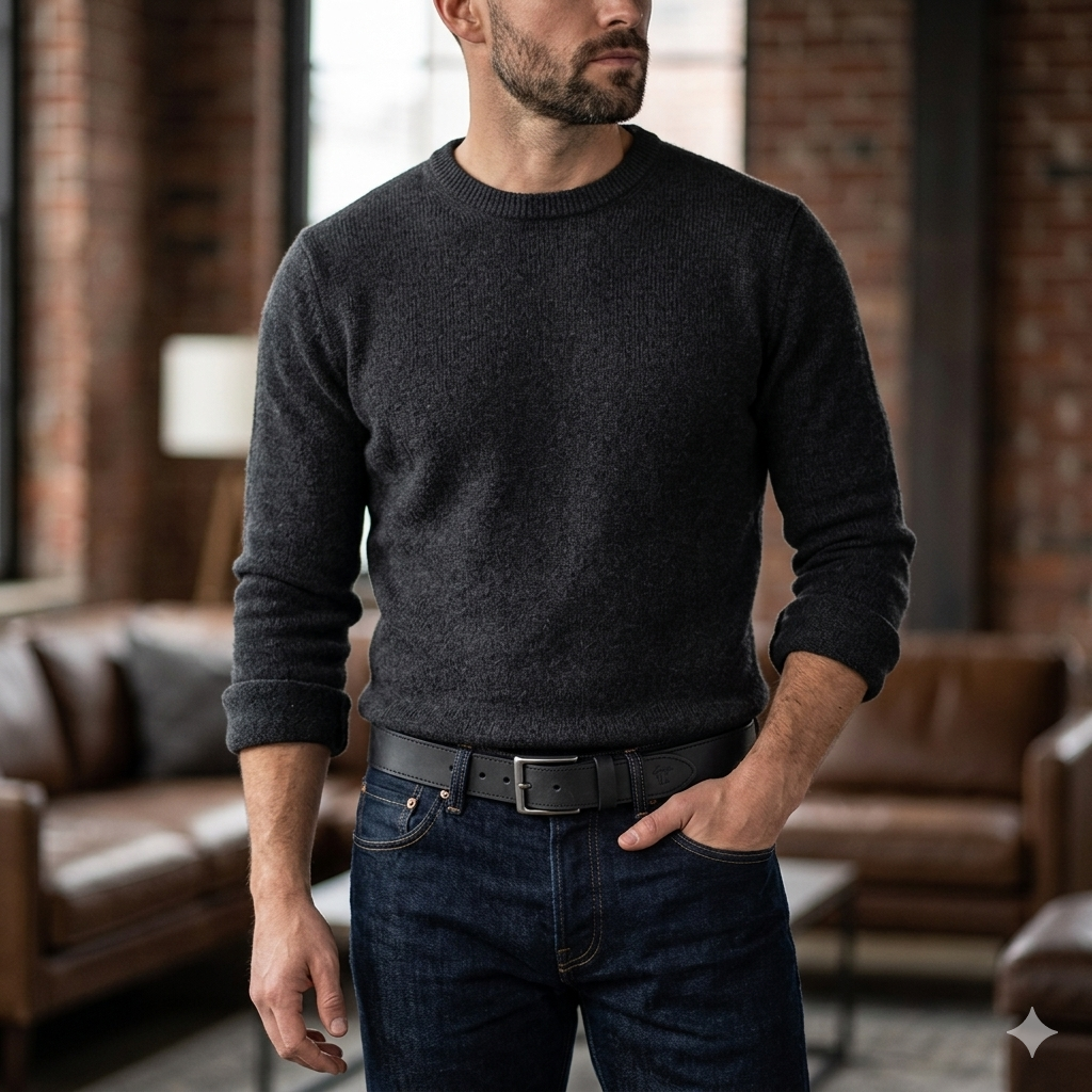 Férfi öv természetes fekete bőrből Denim