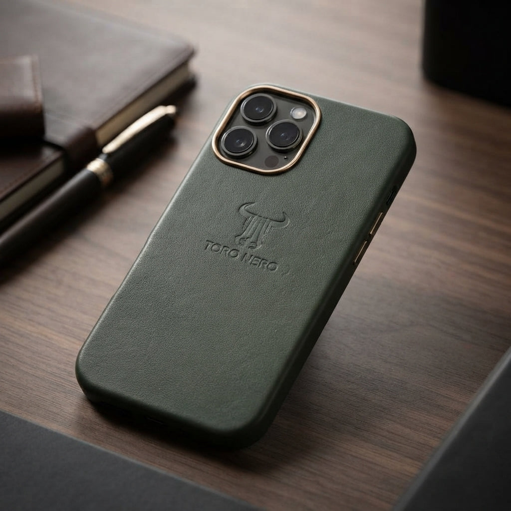 Husa telefon din piele naturala verde army Iphone 17