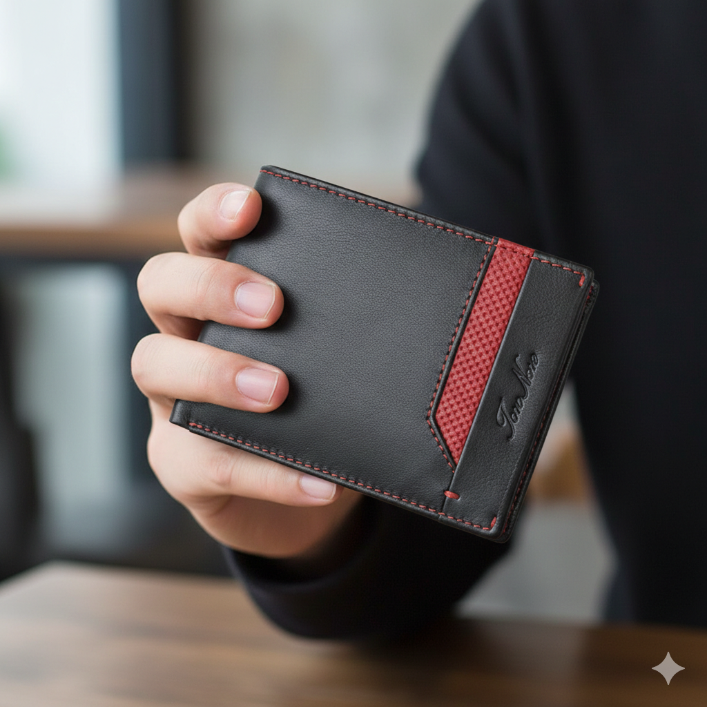 Férfi pénztárca, fekete-piros valódi bőr Vox, RFID védelemmel